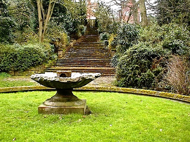 Former garden pond and fountain of the gardens of Bestwood Lodge, Nottinghamshire, by Mick Garratt. Behind are steps that lead nowhere now but once lead to the lodge.